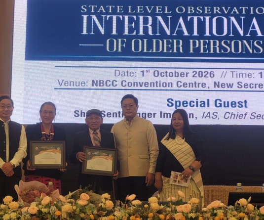 Sentiyanger Imchen, Limawabang Jamir and Tosheli Zhimomi with recipients of the State Senior Citizen Award 2026 in Kohima on October 1. (Morung Photo)